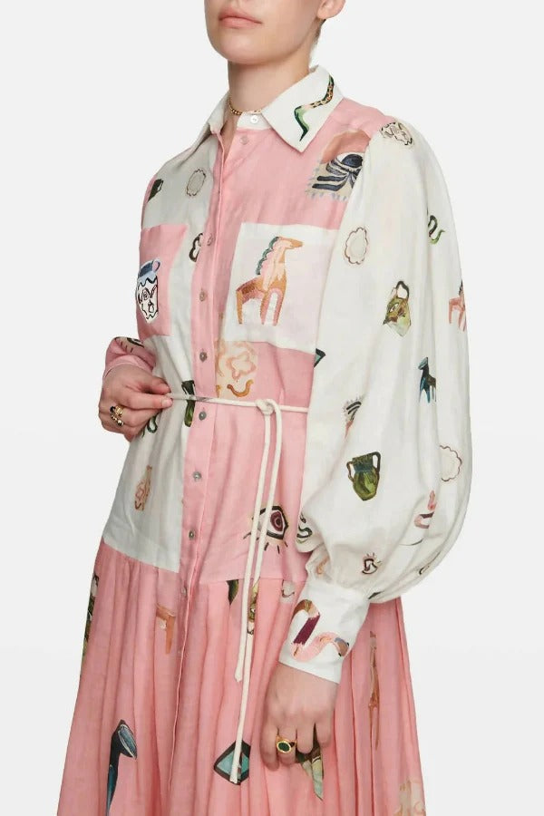 Playful Design Unique Print Balloon Sleeve Pocket Belt Shirt Midi Dress