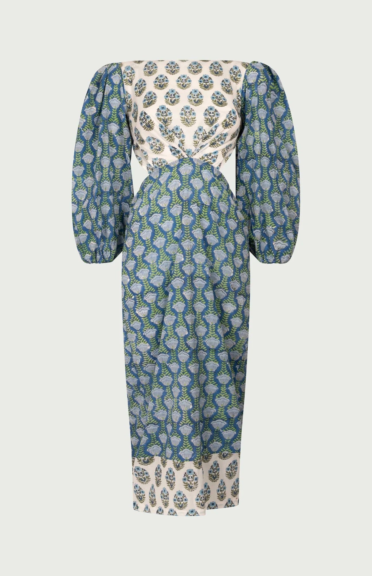 Mei Linen Blend Unique Print Puff Sleeve Cutout Back Tie-up Midi Dress