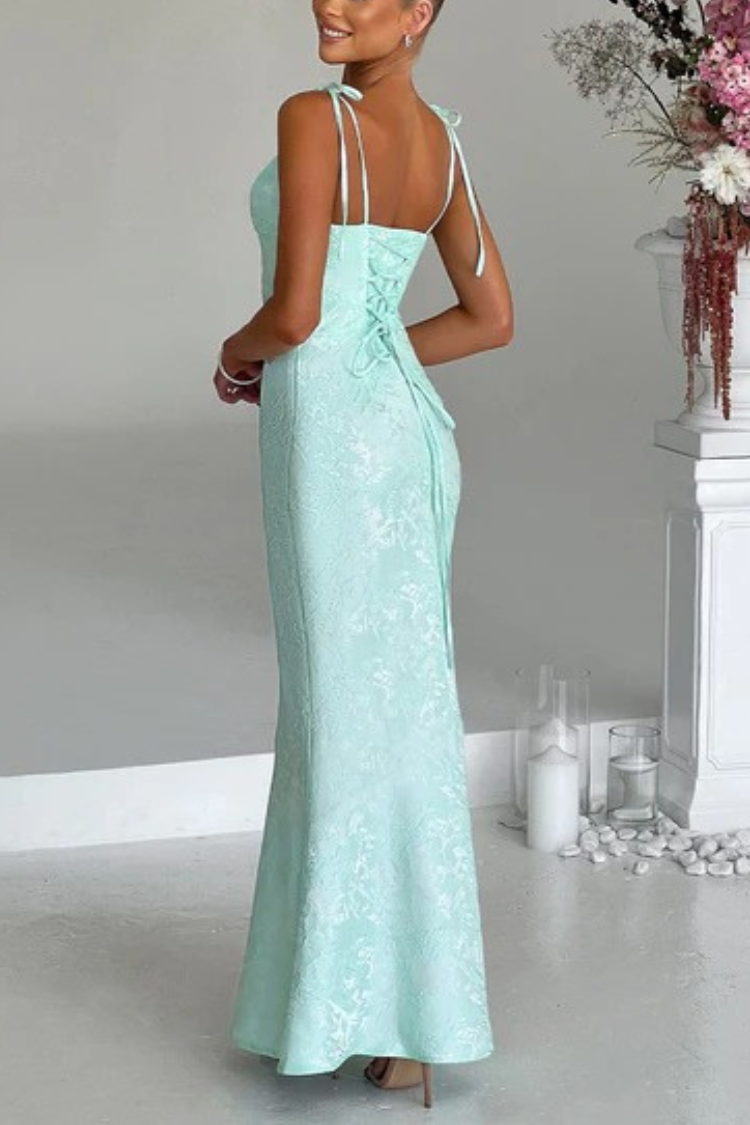 Jacquard Fabric Elegant Suspender Tie Slim Fishtail Maxi Dress
