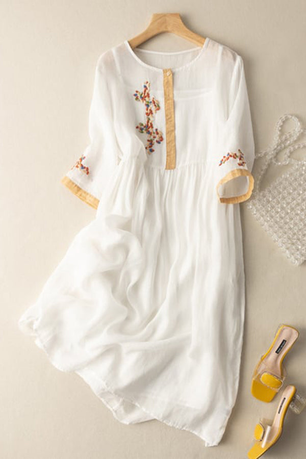 Cotton And Linen Ethnic Style Embroidered Dress