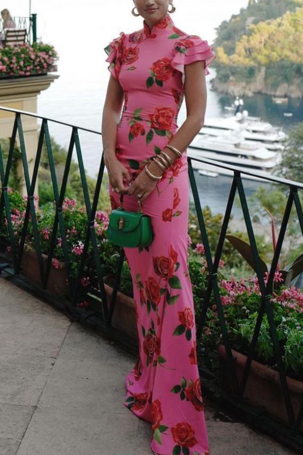 Cheongsam Style Rose Floral Print Tiered Flare Sleeve Stretch Maxi Dress