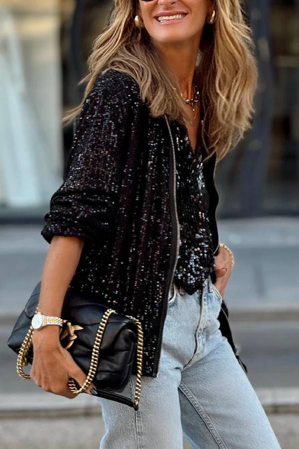 Black Sequin Zipper-up Jacket