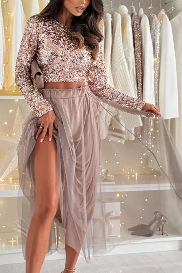 Holiday Party Sequin Long Sleeve Back Satin Tie-up Crop Top