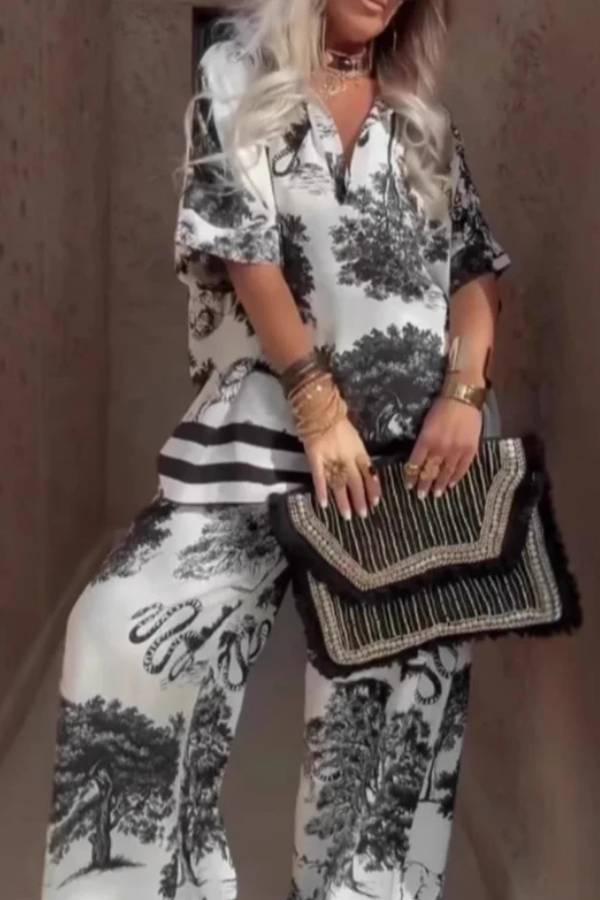 Casual V-neck printed short-sleeved top and wide-leg pants set