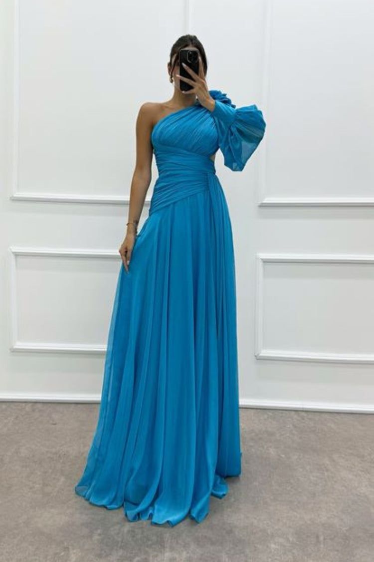 One Sleeve Shoulder Detail Design Evening Dress