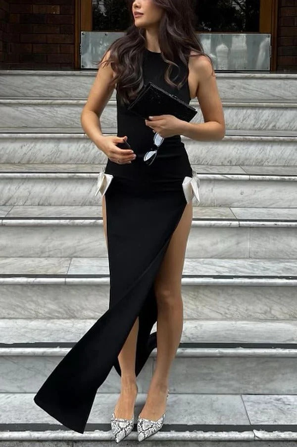 Sexy Sleeveless Round Neck Bow Detail Slim Fit Slit Maxi Dress