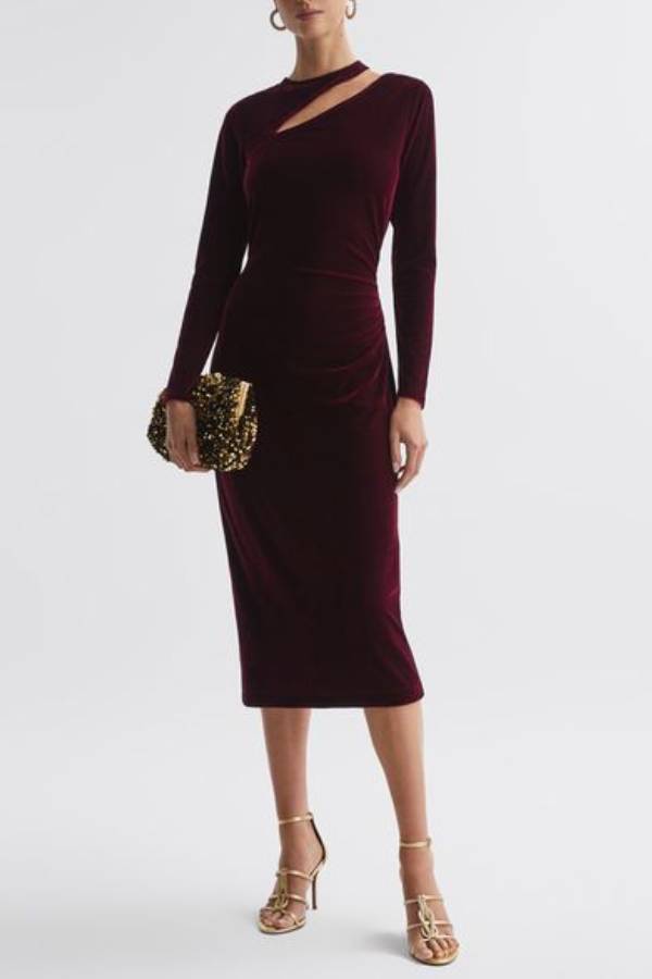 Perfect Party Velvet Cut Out Detail Long Sleeve Ruched Stretch Midi Dress