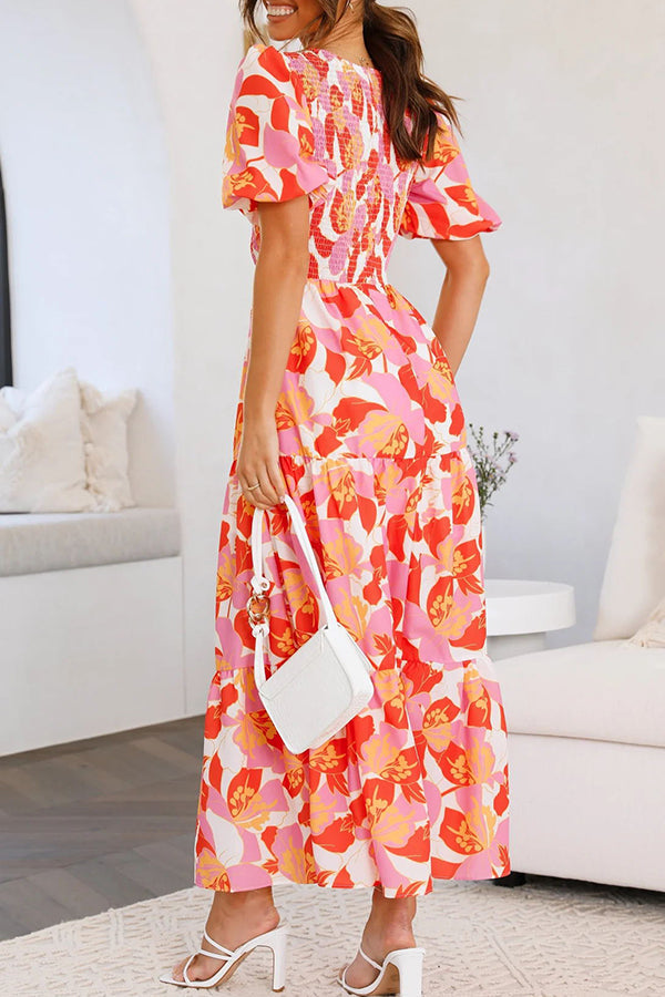 Peony Garden Smocked Bust Puff Sleeve Tiered Maxi Dress