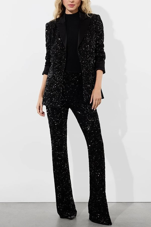 Sparkle Season Sequin Satin Long Sleeve Lapel Formal Party Blazer