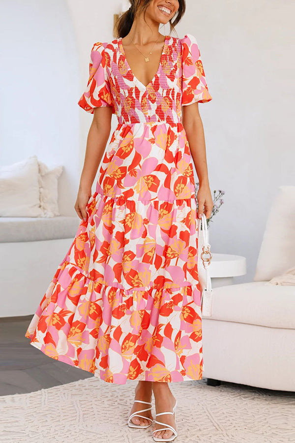 Peony Garden Smocked Bust Puff Sleeve Tiered Maxi Dress