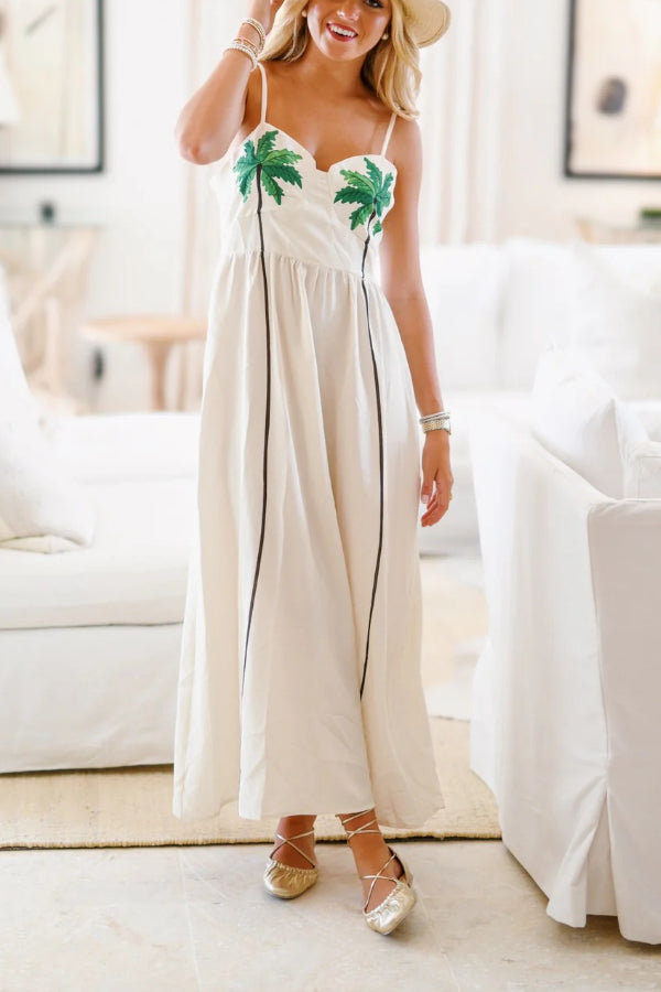 Coconut Tree Print Suspender Backless Large Hem Maxi Dress