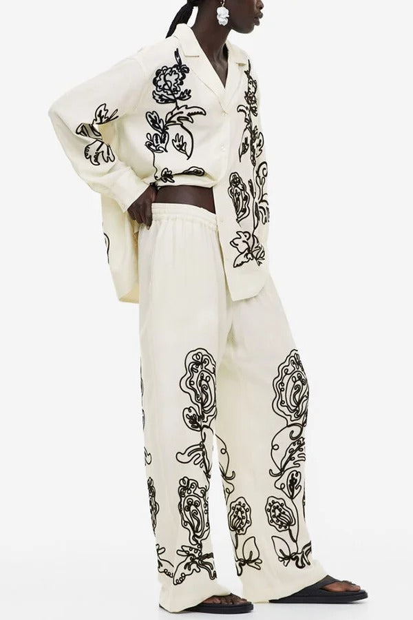 Bella Linen Blend Embroidered Floral Print Long Sleeve Loose Shirt and Elastic Waist Pocket Pants Set