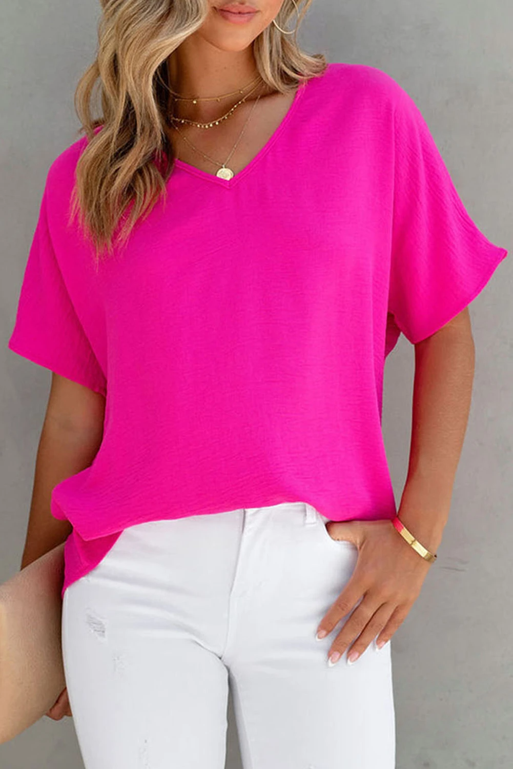 Solid Color V Neck Short Sleeve Blouse