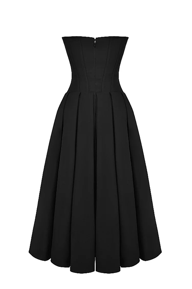 Deep V Neck Strapless Corset A-Line Pleated Midi Dresses-Black