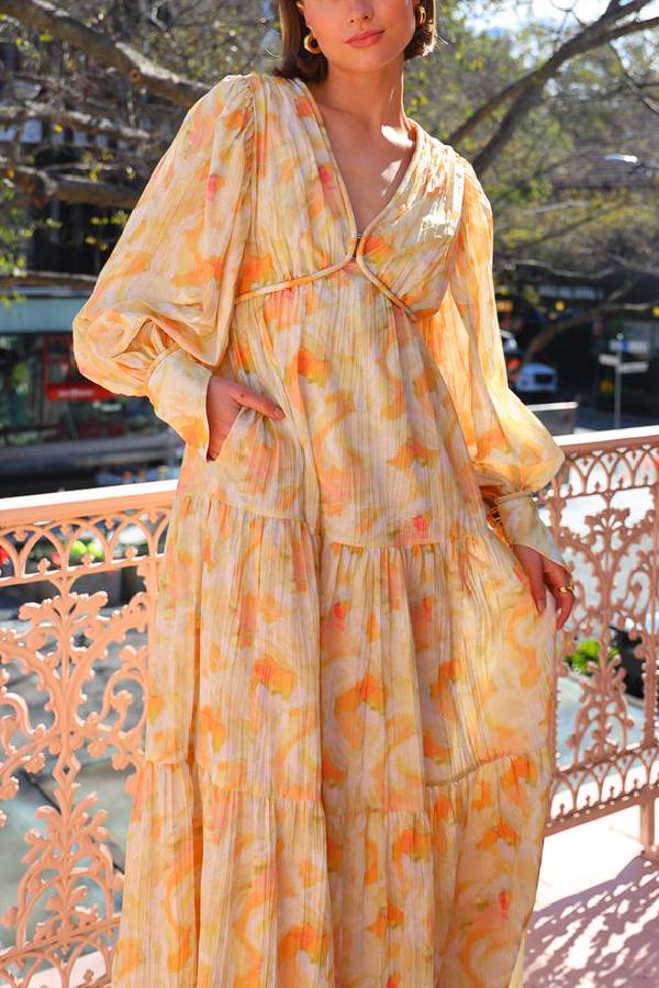 Ochre Cloud V-neck Loose-fitting Puff Sleeve Maxi Dress