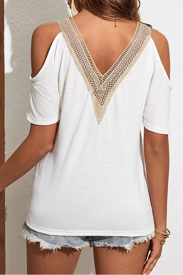 White Contrast Guipure Lace Cold Shoulder Blouse