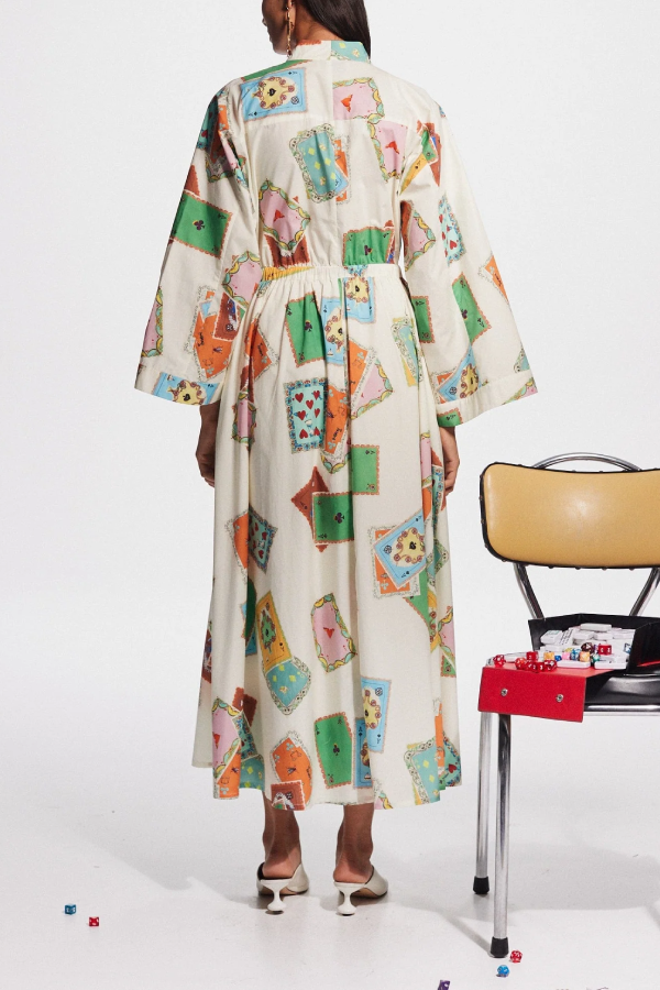 Poker Card Print Tie-Waist Long Shirt Dress