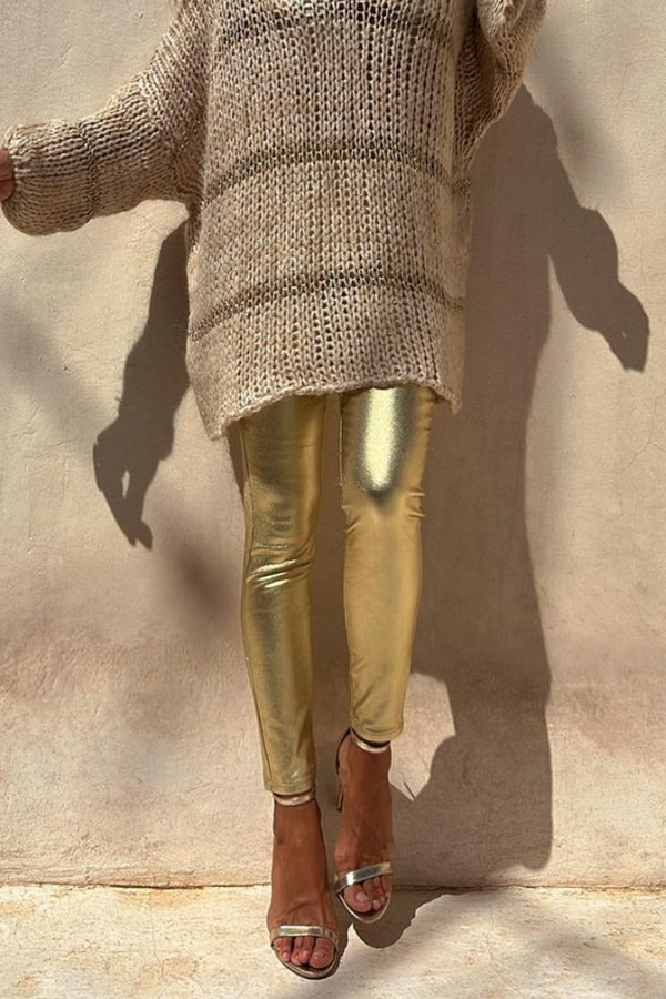 Sweet and Glitzy Metallic Color Pocket Faux Leather Stretch Pants