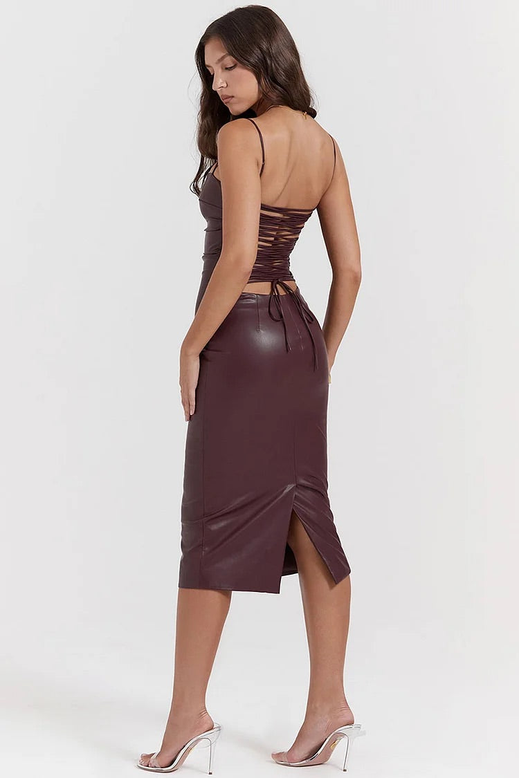 Lace Up Back Cocktail Party Leather Slip Midi Dresses