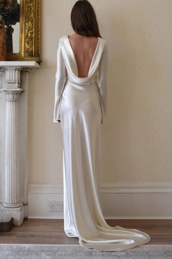 Pearl Eden Satin Back Open Cowl Neck Gown Maxi Dress