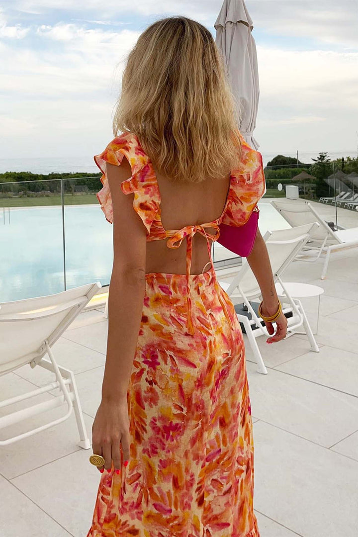 Ruffled Cutout Floral Printed Lace Up Dress