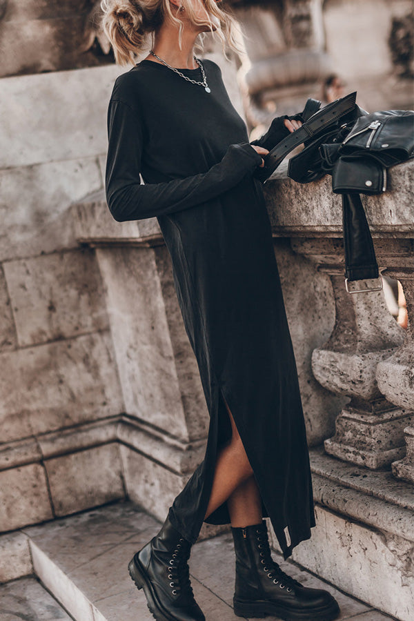 The Bedisse Cotton Blend Long Sleeve Relaxed Slit Midi Dress