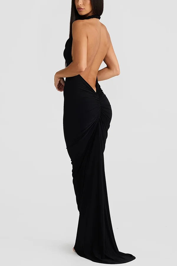 Sexy Halter Neck Open Back Ruched Slim Fit Maxi Dress