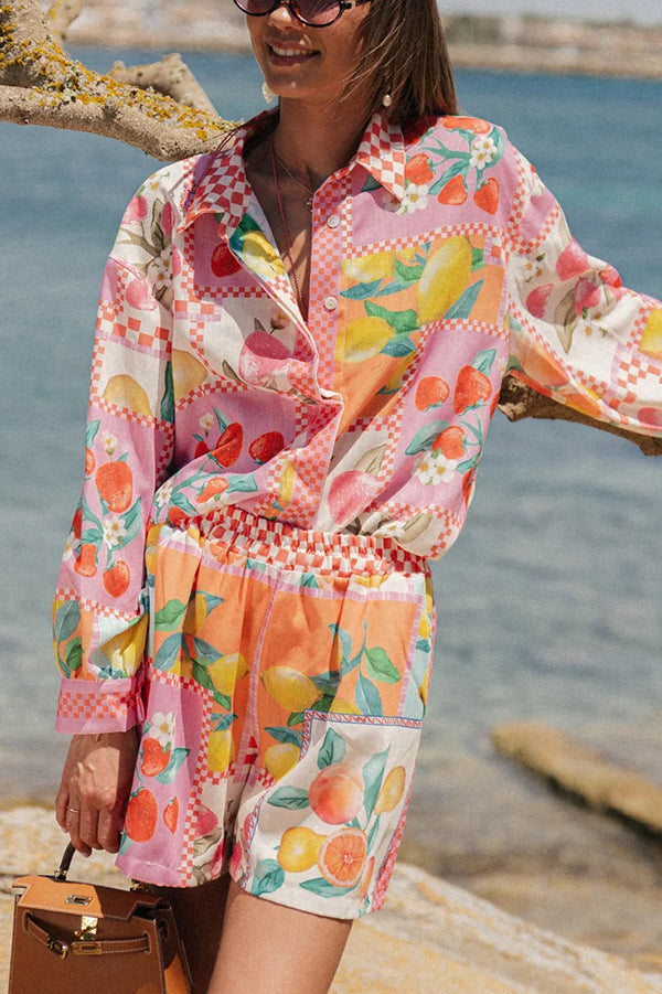 Leisurely Outings Summer Fruit Print Loose Long Sleeve Shirt and Elastic Waist Pocket Shorts Set