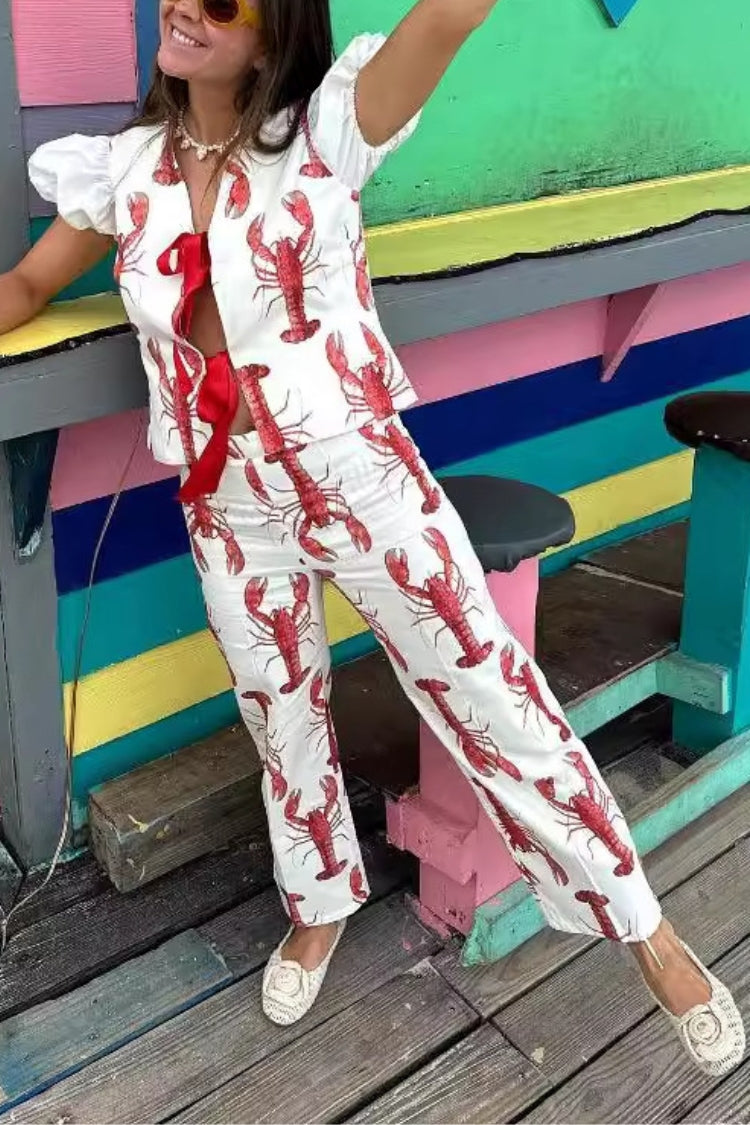 Fun Vacation Lobster Print High Rise Straight Pants