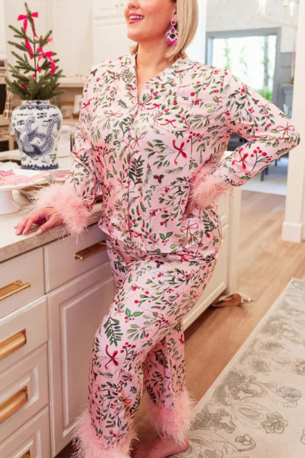 Iconic Holiday Printed Feather Trim Elastic Waist Pocketed Pajama Set