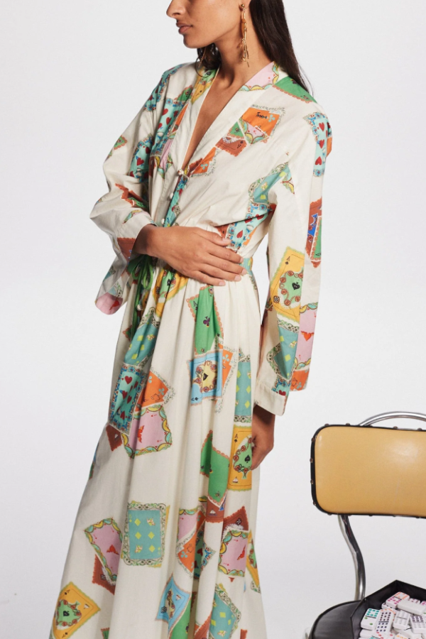 Poker Card Print Tie-Waist Long Shirt Dress