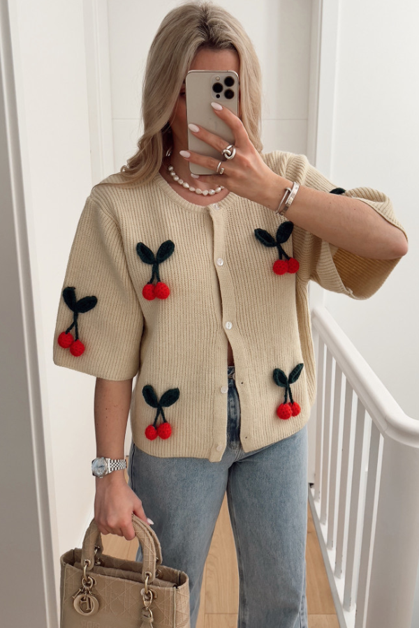 V-neck Cherry Embellished Cardigan Cropped Knitted Sweater