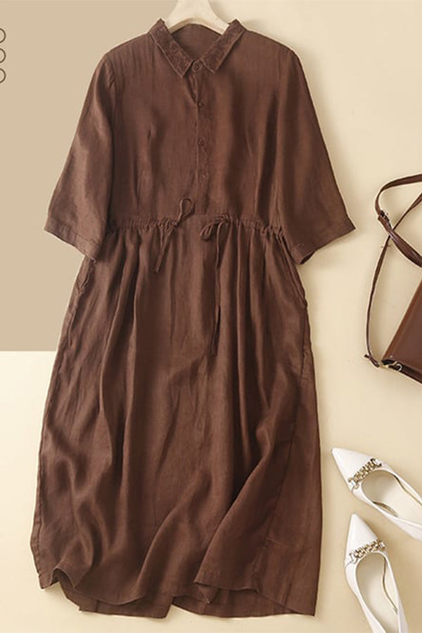 Cotton And Linen Solid Color Shirt Collar Retro Style Dress