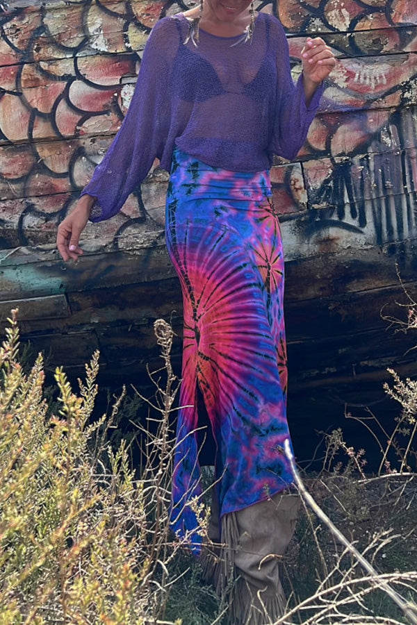 Preston Tie-dye Print Ruched Waist Stretch Slit Maxi Skirt