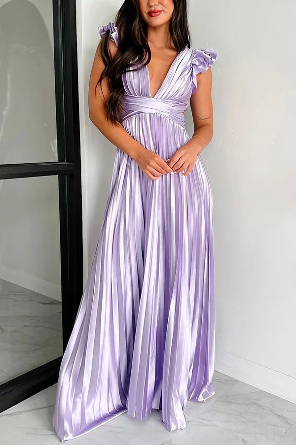 Opulent Occasion Satin Pleated Ruffle Sleeve Back Lace-up Maxi Dress