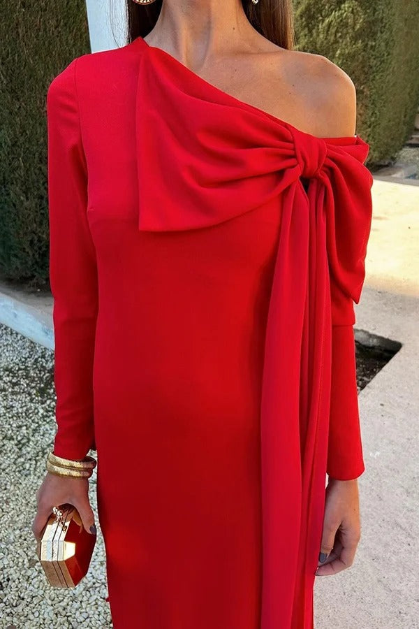 Vanessa Solid Color Long Sleeve Slim Fit Oversized Bow Tie Maxi Dress