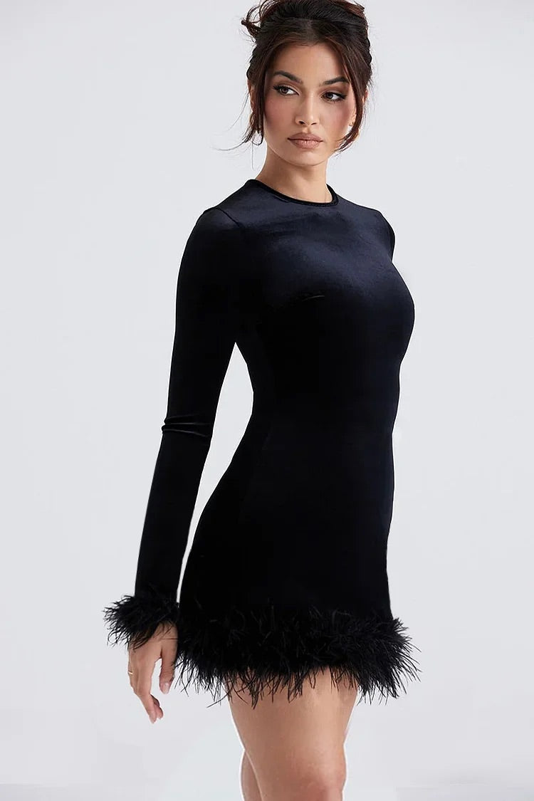 Velvet Feather Long Sleeve Cocktail Party Mini Dresses