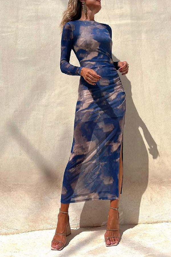 Charm Lady Mesh Overlay Tie Dye Print Long Sleeve Ruched Stretch Midi Dress