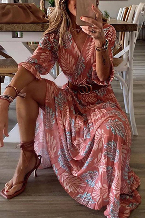 Botanical Print Pleated Long Sleeved Maxi Dress