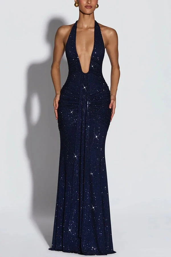 Rosetta Sequin Deep U-neck Ruched Hip Draped Panel Halter Maxi Dress