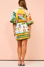 Summer Sophistication Linen Blend Unique Print Belted Pocket Shirt Mini Dress