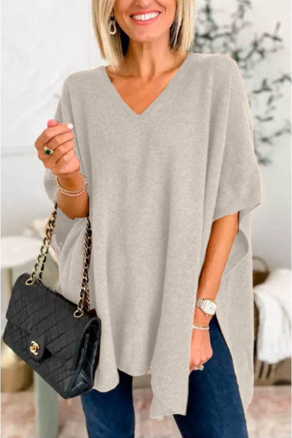 V Neck Loose Fit Solid Poncho Sweater