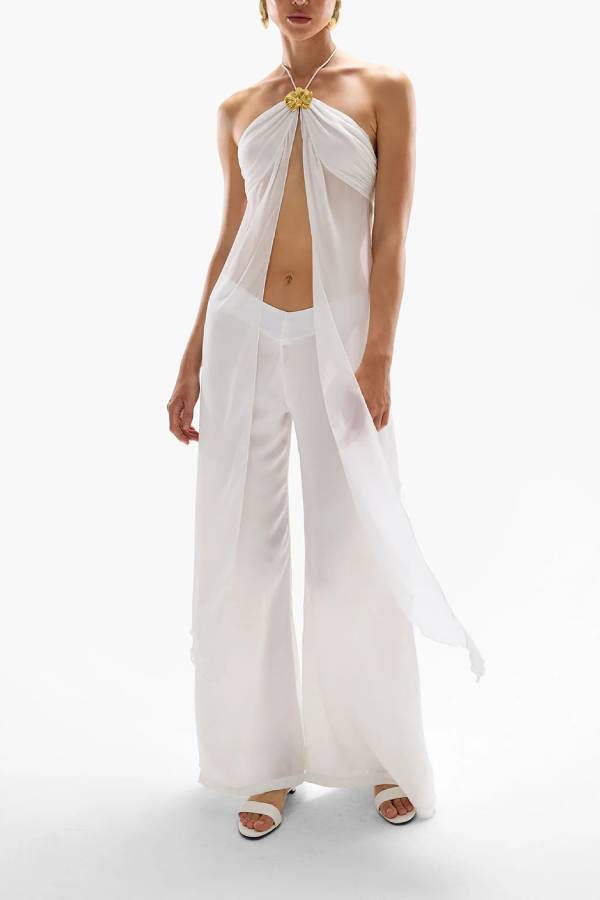 Lily Metal Flower Front Slit Halter Midi Top and V-waist Wide Leg Pants Set