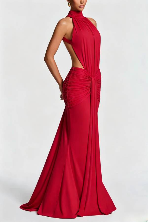 Thekla Stretch Slinky Jersey High Neck Ruched Backless Drape Maxi Dress