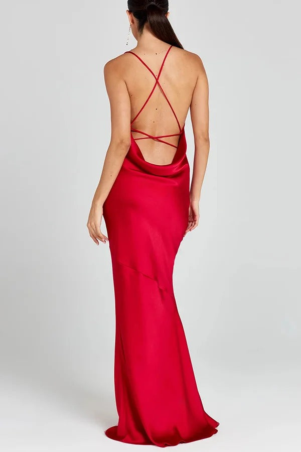 Nicoletta Satin Cowl Neck Backless Lace-up Maxi Dress