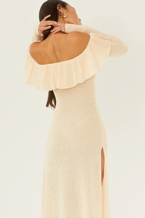 Darling Way Knit Off Shoulder Long Sleeve Drape Ruffles Slit Stretch Maxi Dress