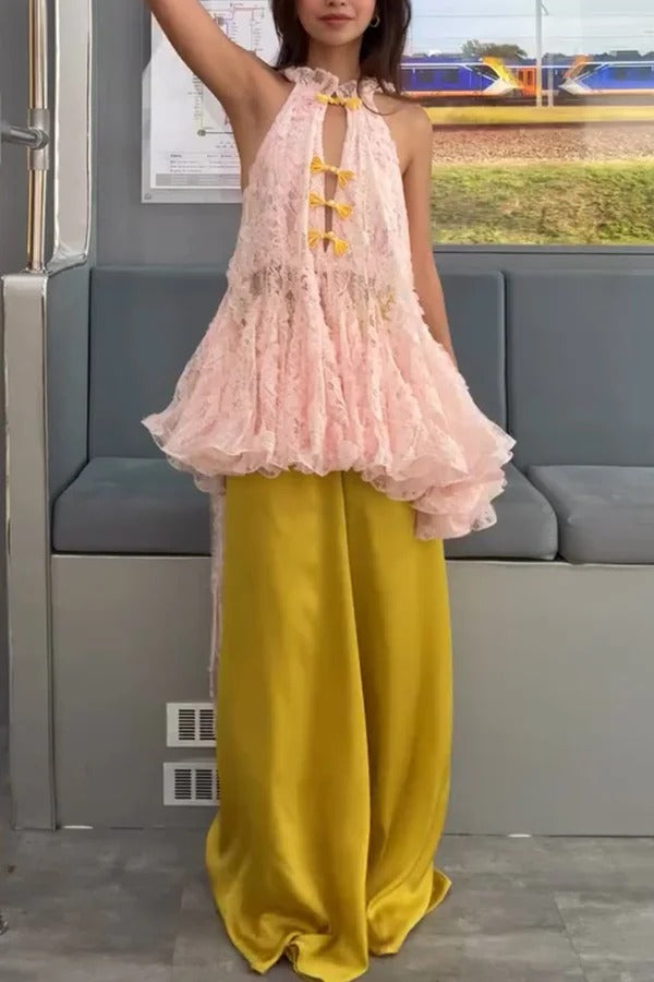 Cheongsam Style Lace Stand Neck Knots Button Ruffle Flare Hem Top