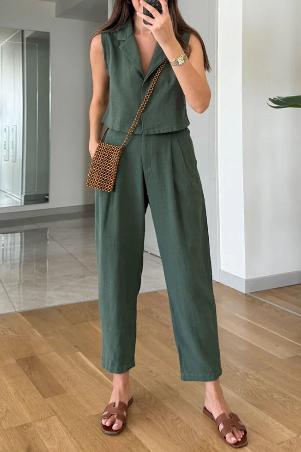 Casual Solid Lapel Vest & Pants Cotton Linen Two-piece Set