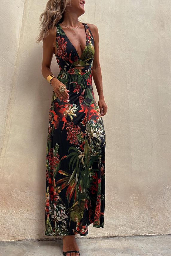 RAINFOREST PARADISE TROPICAL PRINT CUTOUT BACK CROSSOVER STRETCH MAXI DRESS