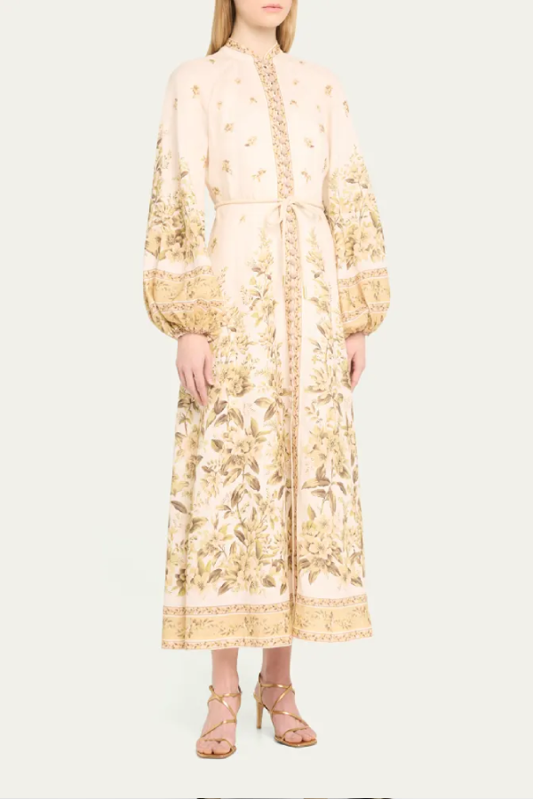 Golden Floral Long Sleeve Buttoned Linen Dress